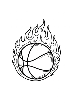 A dynamic basketball engulfed in stylized flames with bold, detailed lines to depict motion and heat