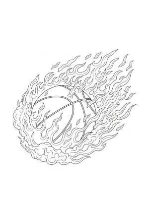 A fierce basketball with fire swirling around it, surrounded by energetic flames and smoke effects