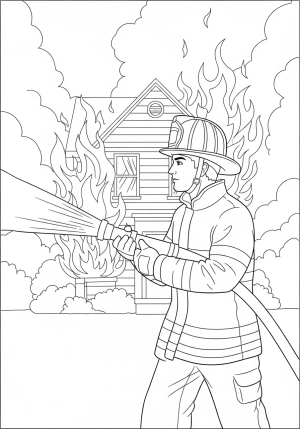 A firefighter wearing a helmet and holding a fire hose directing water at a blazing house.