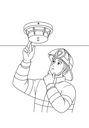 A smoke alarm on a ceiling with a firefighter checking it, illustrating fire safety awareness.
