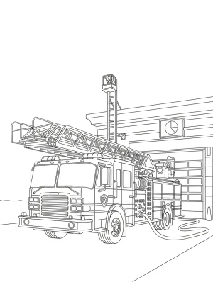 A detailed illustration of a classic firetruck with ladders and hoses parked in front of a fire station, ready for action.