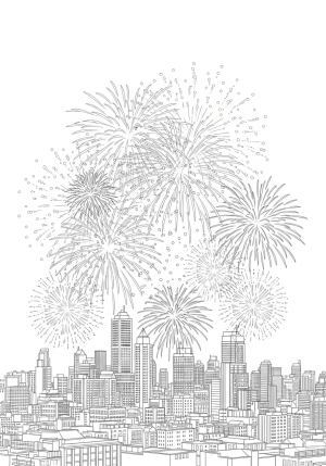 An intricate scene of a fireworks display exploding in the night sky over a city skyline with detailed patterns and bursts of light.