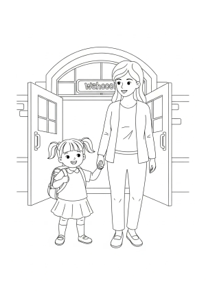 A cheerful preschooler carrying a backpack and holding hands with a parent outside the school entrance with a welcoming doorway and happy atmosphere