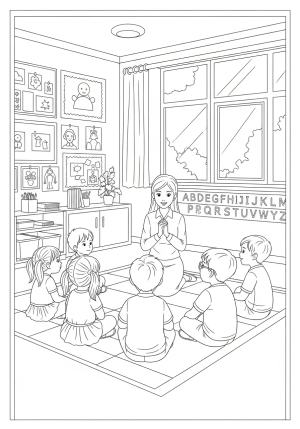 A group of young children sitting on a colorful classroom rug, eagerly listening to their teacher in a bright and friendly preschool classroom