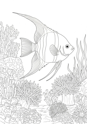 A majestic angelfish with flowing fins gracefully gliding through a vibrant coral garden filled with sea anemones and assorted marine plants