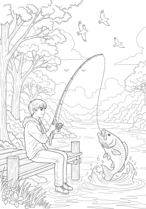 A detailed scene of a young angler sitting on a dock beside a peaceful lake, holding a fishing rod with a big fish on the line, surrounded by trees and birds flying overhead