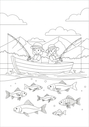 An adventurous boy and girl in a boat on a river, each holding fishing rods, with fish swimming underneath and a scenic background of mountains and clouds