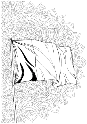 A detailed line drawing of the flag of Ireland waving in the wind with intricate patterns in the background