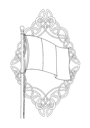 A stylized depiction of the Irish flag hanging from a flagpole surrounded by lush Celtic knot designs