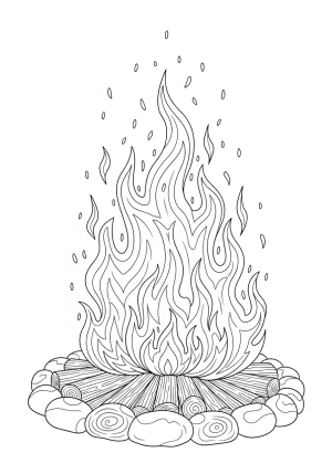 A joyful campfire with dancing flames, accompanied by logs and sparks rising upward, all with ornate detailing.