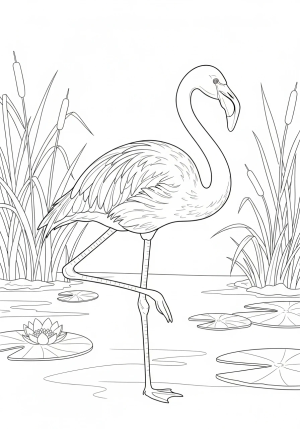 A graceful flamingo standing on one leg with elegant detailing of its feathers and a serene setting of reeds and lily pads in the background