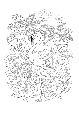 A playful flamingo with its wings outstretched, surrounded by tropical plants and a few scattered flowers in a lively, whimsical scene