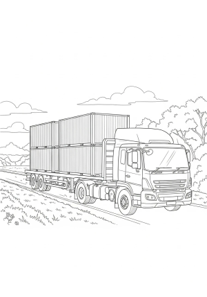 A detailed outline of a flatbed truck driving down a rural road with cargo containers on the bed and trees in the background