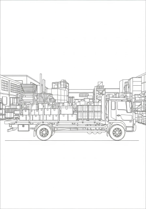 A side view of a flatbed truck parked in a busy industrial yard, with various equipment and boxes on the truck bed