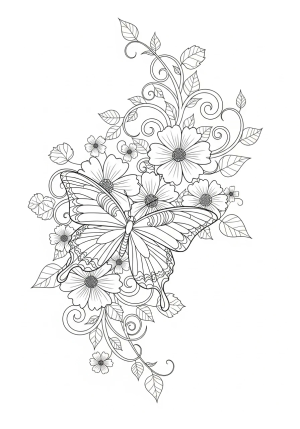 An elegant butterfly surrounded by a variety of blooming flowers and swirling vines, showcasing intricate line work and delicate details.