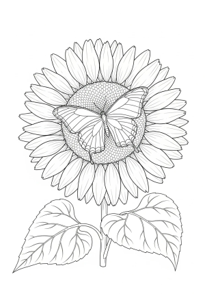 A detailed illustration of a butterfly perched on a large, blooming sunflower with intricate petal and leaf patterns.