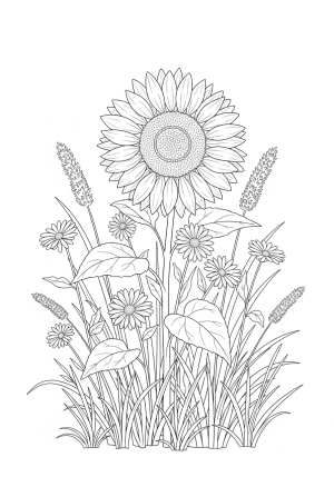 A serene garden scene featuring a large sunflower surrounded by smaller blooming flowers and tall grasses.