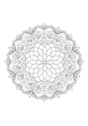 Elegant flower mandala featuring layers of blooming roses, lotus petals, and ornamental ornamental accents arranged in a circular design