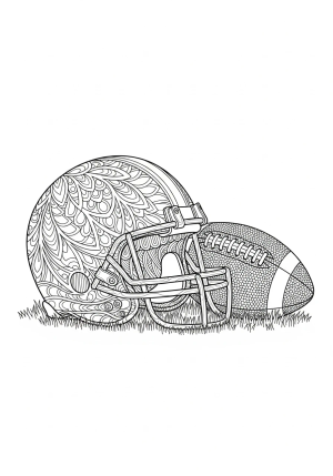 An intricate illustration of a football helmet and a football resting on the ground, surrounded by decorative patterns