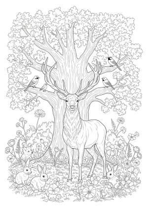 A majestic stag standing under a large oak tree surrounded by wildflowers and forest creatures like rabbits and birds