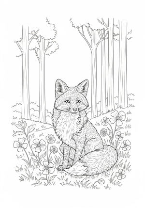 A playful fox sitting on a grassy hill with blooming flowers and tall trees in the background, detailed line art.