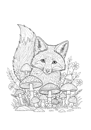A curious fox peeking out from behind a cluster of mushrooms and wildflowers in a forest scene, detailed line drawing.