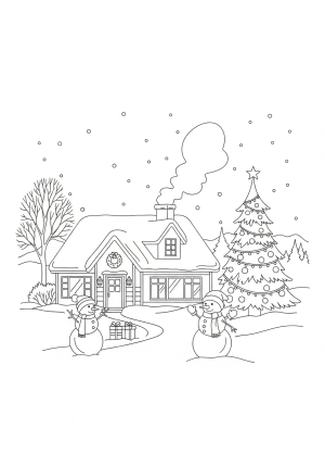 A cozy winter scene featuring a snow-covered house with a decorated Christmas tree in the front yard and snowmen playing nearby