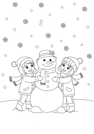 A cheerful holiday scene with children building a snowman, wearing winter hats and scarves, surrounded by falling snowflakes