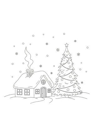 A cozy winter scene with a snow-covered cottage, a tall Christmas tree nearby, and gentle snowflakes falling in the background