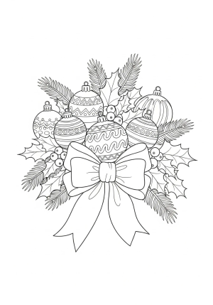 A festive arrangement of ornaments, holly, and a large ribbon bow, perfect for Christmas decorations