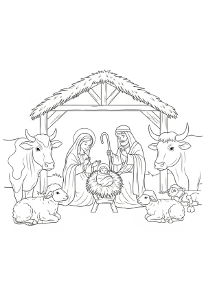 A cozy nativity scene with Mary, Joseph, baby Jesus in a manger, and gentle animals surrounding them.