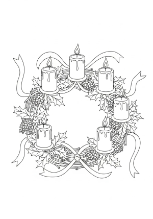 An Advent wreath with four candles, decorated with holly and pinecones, and ribbons intertwined in a festive pattern.