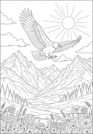 A majestic mountain landscape with a soaring eagle and blooming wildflowers beneath a bright sun.