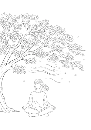 A peaceful scene of a person meditating under a blooming cherry blossom tree with flowing wind.