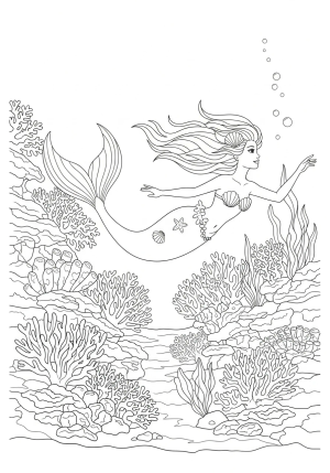 A graceful mermaid swimming amidst intricate coral reefs with flowing hair and delicate seashell accessories