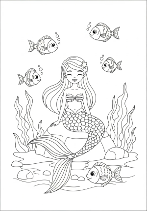 A cheerful mermaid sitting on a rock, surrounded by playful fish and swaying seaweed under the waves
