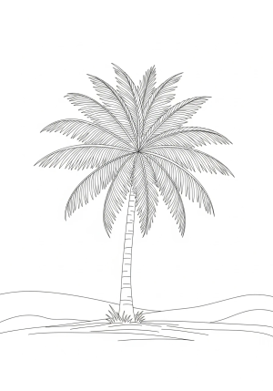 A peaceful depiction of a palm tree with intricate leaves swaying in the breeze amidst a simple landscape
