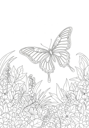 An elegant butterfly with symmetrical, ornate wing designs soaring above a lush garden filled with various plants and leaves
