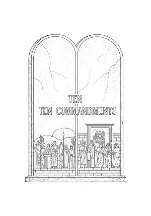A detailed depiction of tablets representing the Ten Commandments, with intricate carvings and a historical motif
