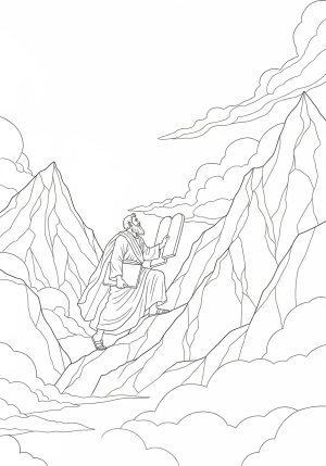 A scene of Moses ascending a mountain with stone tablets in hand, surrounded by clouds and rocky terrain