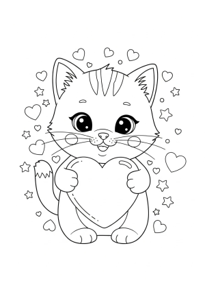 A cute and cuddly kitten holding a big heart with a joyful expression, surrounded by small stars and hearts