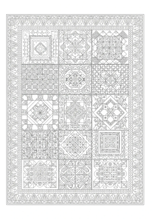 A detailed patchwork quilt with intricate geometric patterns and decorative borders.