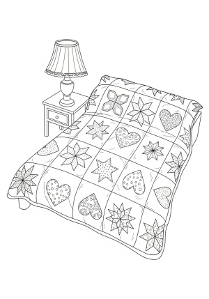 A cozy quilt featuring classic motifs such as stars, hearts, and swirls, arranged in a harmonious layout.