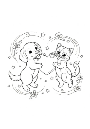 A cute puppy and kitten holding a big heart between them with flowers and stars surrounding, in a whimsical style