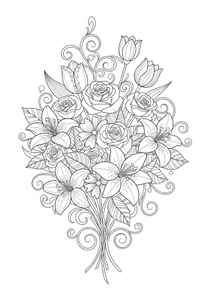 A bouquet of various valentines flowers with intricate patterns and swirling vines, perfect for coloring