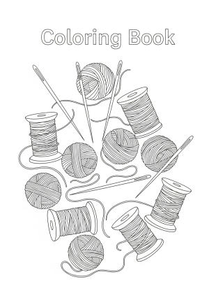 An artistic depiction of various sewing needles, spools, and thread balls arranged in a harmonious, detailed pattern