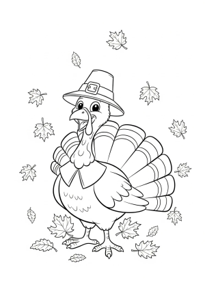 A cheerful turkey wearing a pilgrim hat standing with autumn leaves scattered around in a simple line drawing
