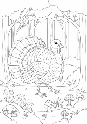 A friendly turkey waddling through a forest of trees with acorns and mushrooms, all in a clean black-and-white outline