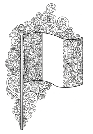 A detailed illustration of the French flag featuring three vertical stripes with intricate decorative elements surrounding the flagpole and background