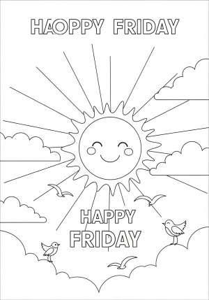 A cheerful cartoon sun with rays shining over a happy Friday scene with clouds and birds.